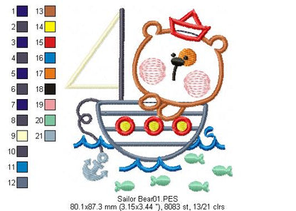 Sailor Bear  - Applique - Machine Embroidery Design