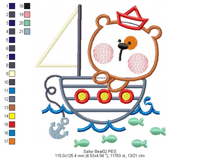 Sailor Bear  - Applique - Machine Embroidery Design