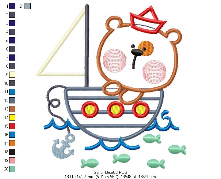 Sailor Bear  - Applique - Machine Embroidery Design