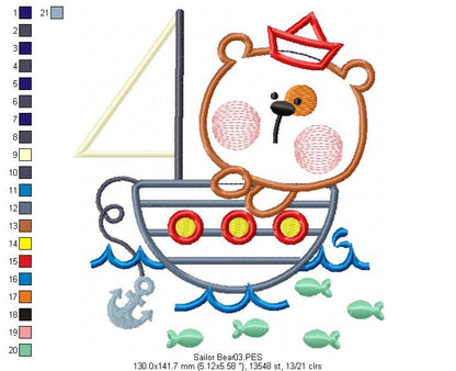 Sailor Bear  - Applique - Machine Embroidery Design