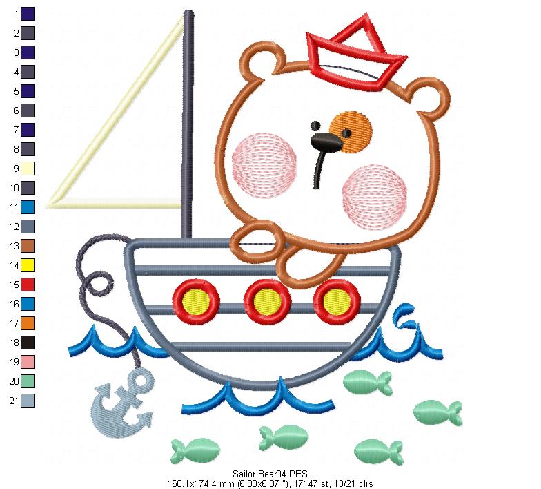 Sailor Bear  - Applique - Machine Embroidery Design