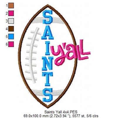 Saints Y’all Football - Appliqué - Machine Embroidery Design