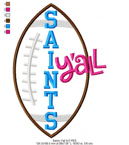 Saints Y’all Football - Appliqué - Machine Embroidery Design