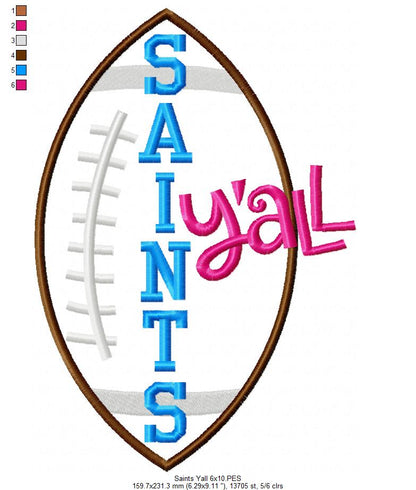 Saints Y’all Football - Appliqué - Machine Embroidery Design