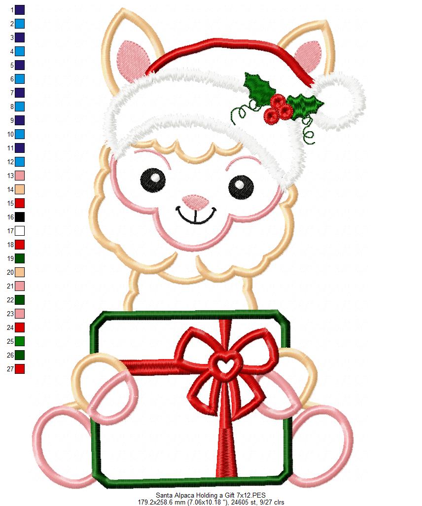 Santa Alpaca Holding a Gift - Applique
