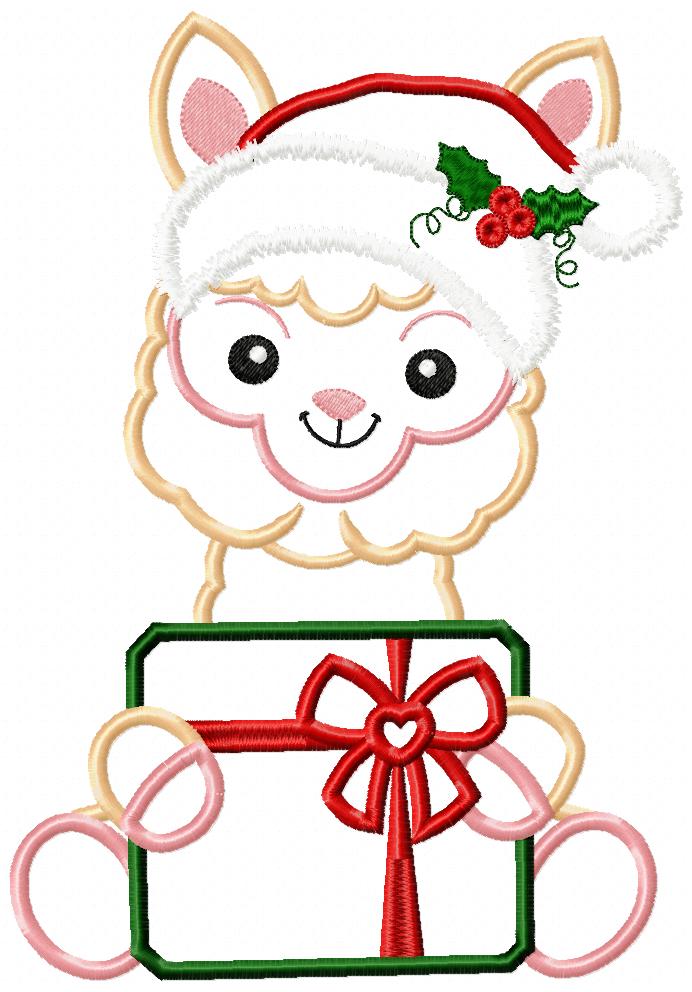 Santa Alpaca Holding a Gift - Applique