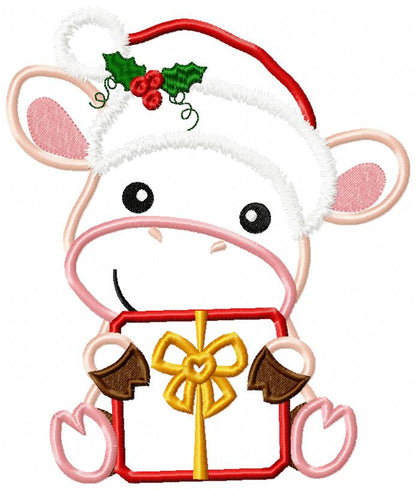 Santa Cow Holding a Gift - Applique - Machine Embroidery Design