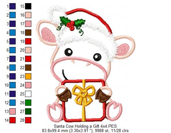 Santa Cow Holding a Gift - Applique - Machine Embroidery Design