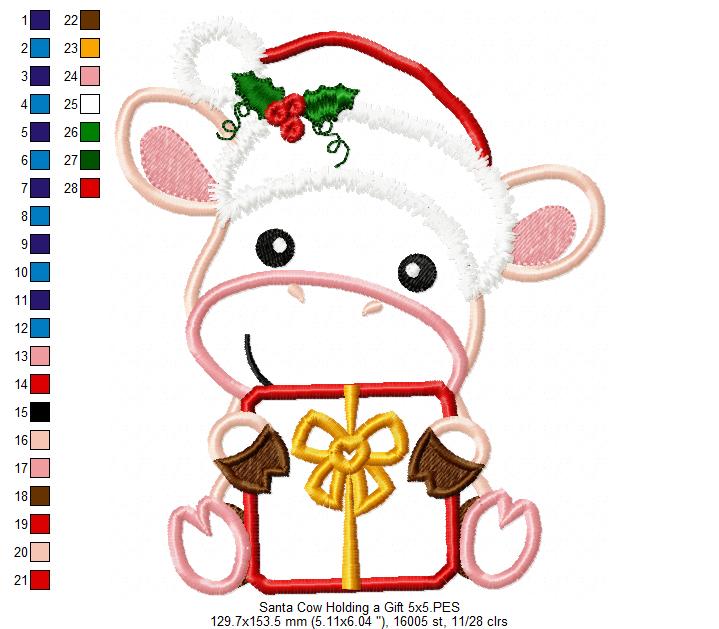 Santa Cow Holding a Gift - Applique - Machine Embroidery Design