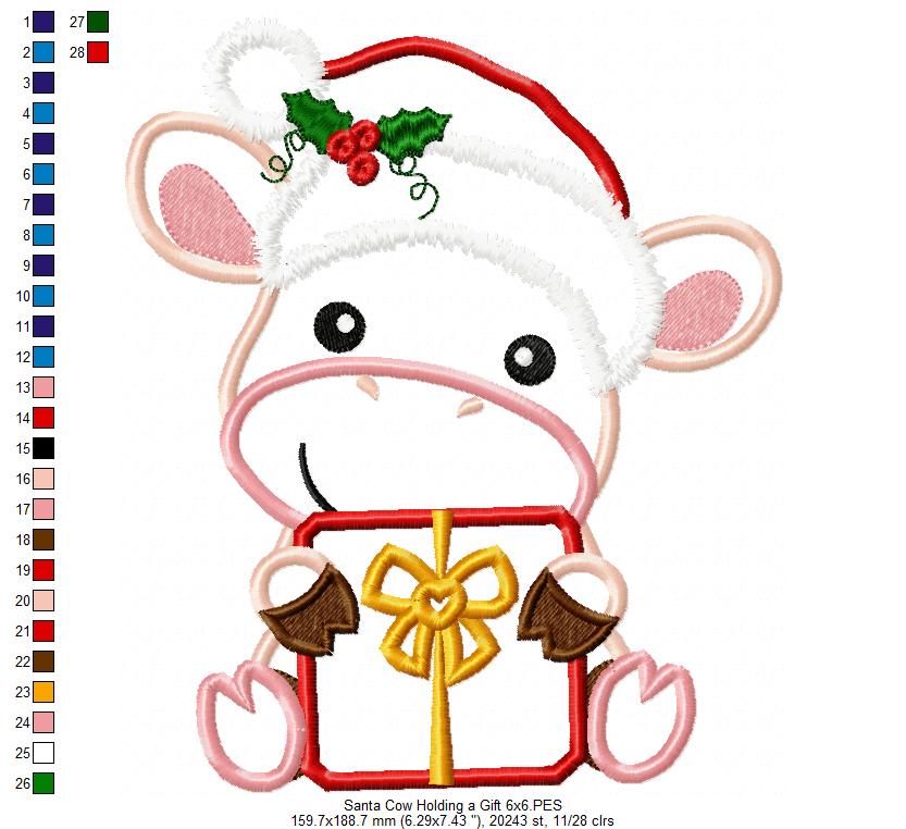 Santa Cow Holding a Gift - Applique - Machine Embroidery Design