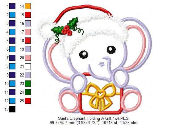 Santa Elephant Holding a Gift - Applique - Machine Embroidery Design