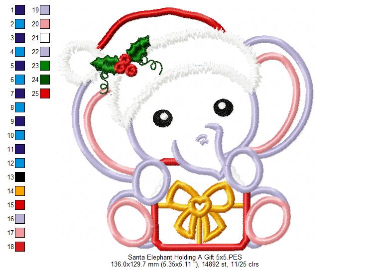 Santa Elephant Holding a Gift - Applique - Machine Embroidery Design