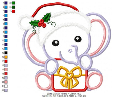 Santa Elephant Holding a Gift - Applique - Machine Embroidery Design