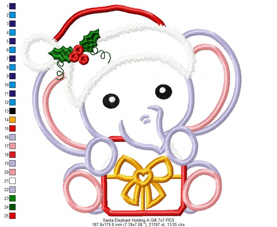 Santa Elephant Holding a Gift - Applique - Machine Embroidery Design