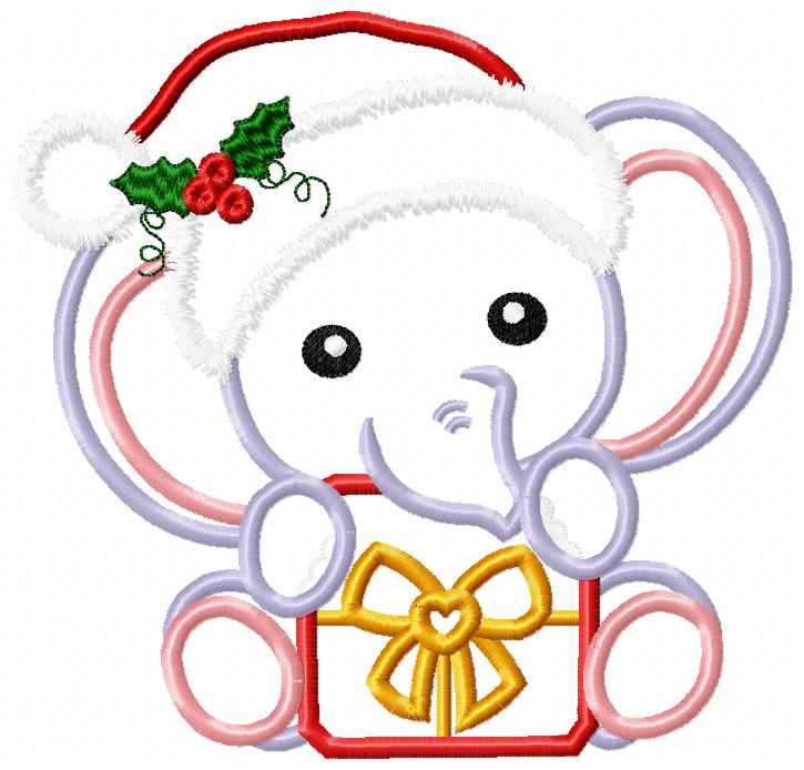 Santa Elephant Holding a Gift - Applique