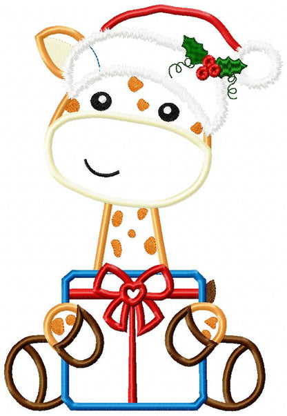 Santa Giraffe Holding a Gift - Applique - Machine Embroidery Design