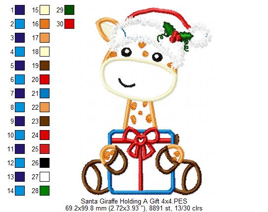 Santa Giraffe Holding a Gift - Applique - Machine Embroidery Design