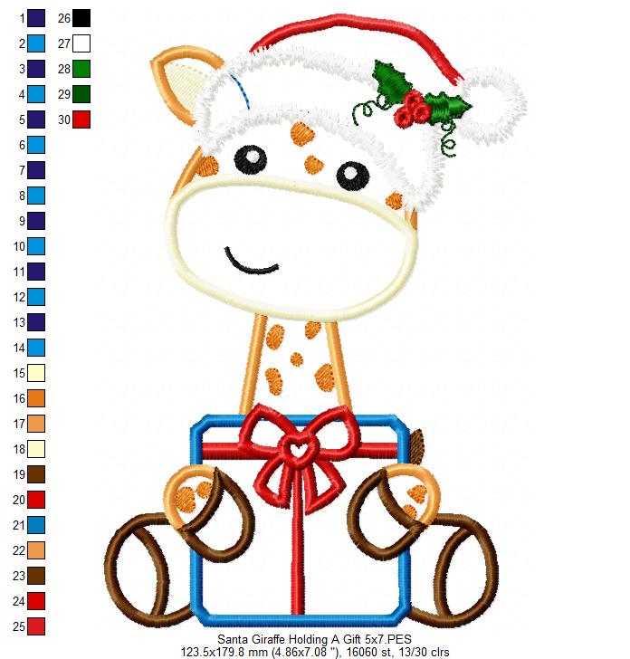 Santa Giraffe Holding a Gift - Applique - Machine Embroidery Design