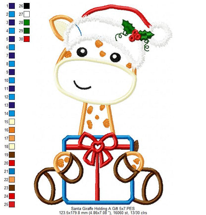 Santa Giraffe Holding a Gift - Applique - Machine Embroidery Design