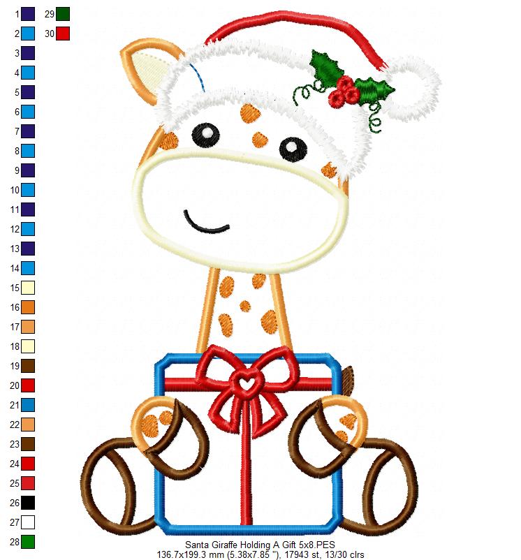 Santa Giraffe Holding a Gift - Applique - Machine Embroidery Design