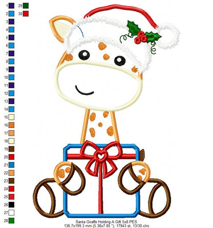 Santa Giraffe Holding a Gift - Applique - Machine Embroidery Design