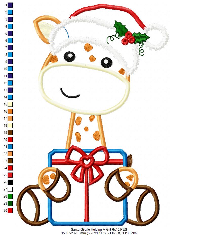 Santa Giraffe Holding a Gift - Applique - Machine Embroidery Design