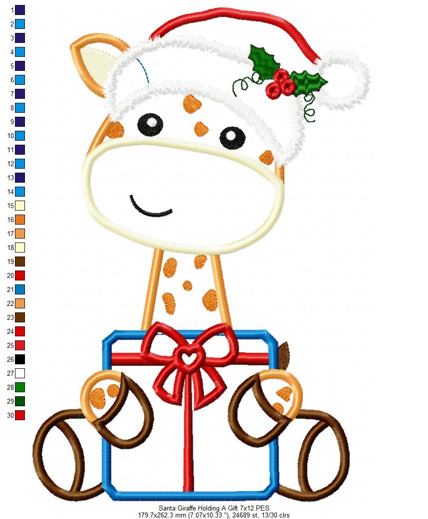 Santa Giraffe Holding a Gift - Applique - Machine Embroidery Design