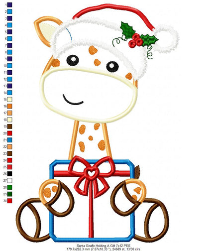 Santa Giraffe Holding a Gift - Applique - Machine Embroidery Design