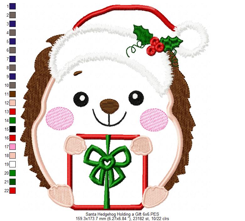 Santa Hedgehog Holding a Gift - Applique Embroidery