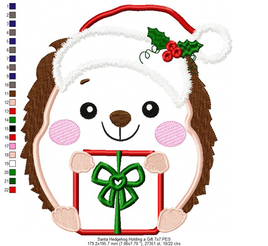 Santa Hedgehog Holding a Gift - Applique Embroidery