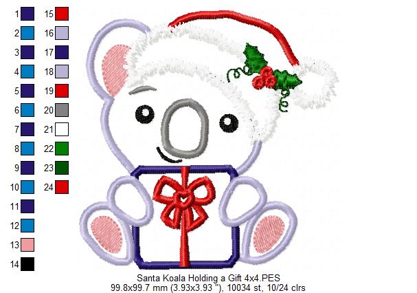 Santa Koala Holding a Gift - Applique - Machine Embroidery Design