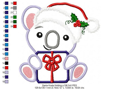 Santa Koala Holding a Gift - Applique - Machine Embroidery Design