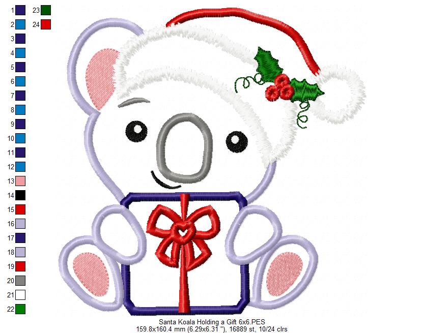 Santa Koala Holding a Gift - Applique - Machine Embroidery Design