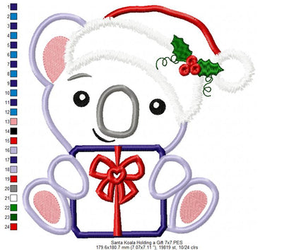 Santa Koala Holding a Gift - Applique - Machine Embroidery Design