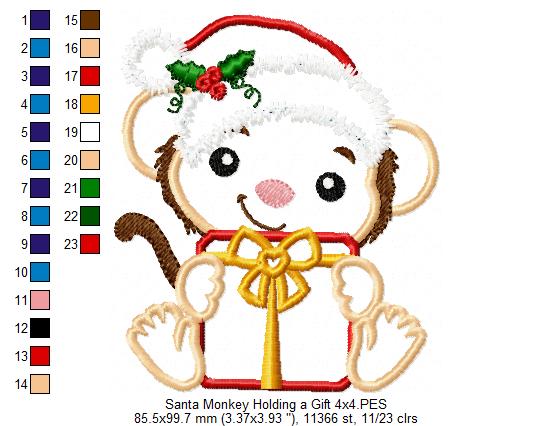 Santa Monkey Holding a Gift - Applique - Machine Embroidery