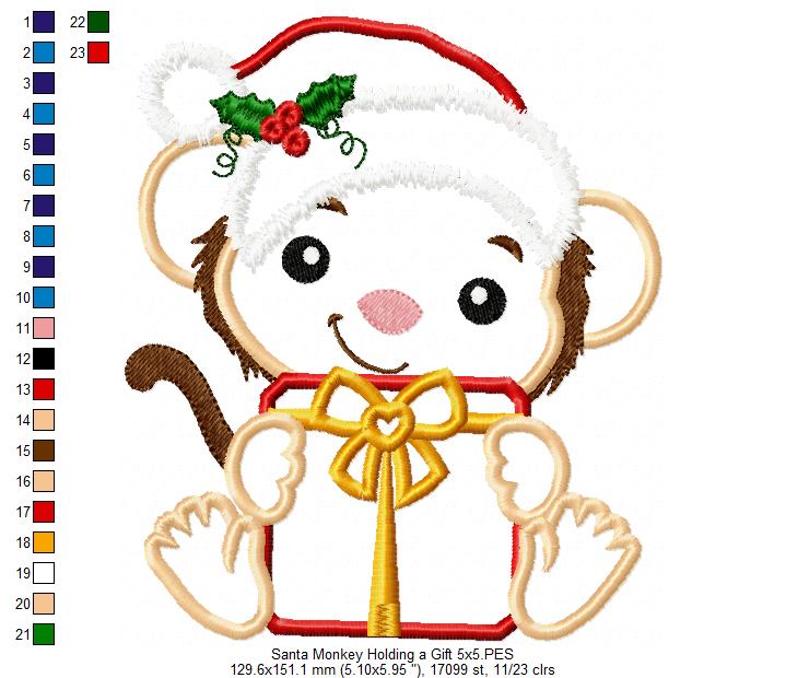 Santa Monkey Holding a Gift - Applique - Machine Embroidery