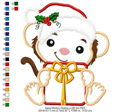 Santa Monkey Holding a Gift - Applique - Machine Embroidery