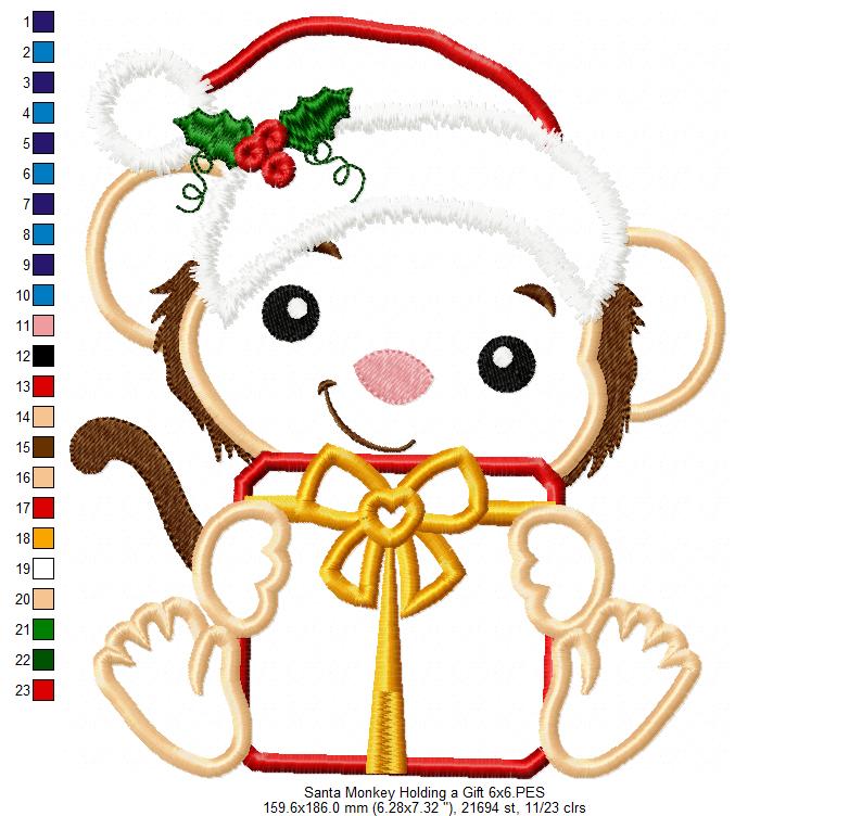 Santa Monkey Holding a Gift - Applique - Machine Embroidery
