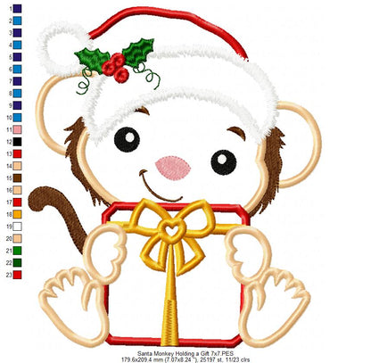 Santa Monkey Holding a Gift - Applique - Machine Embroidery
