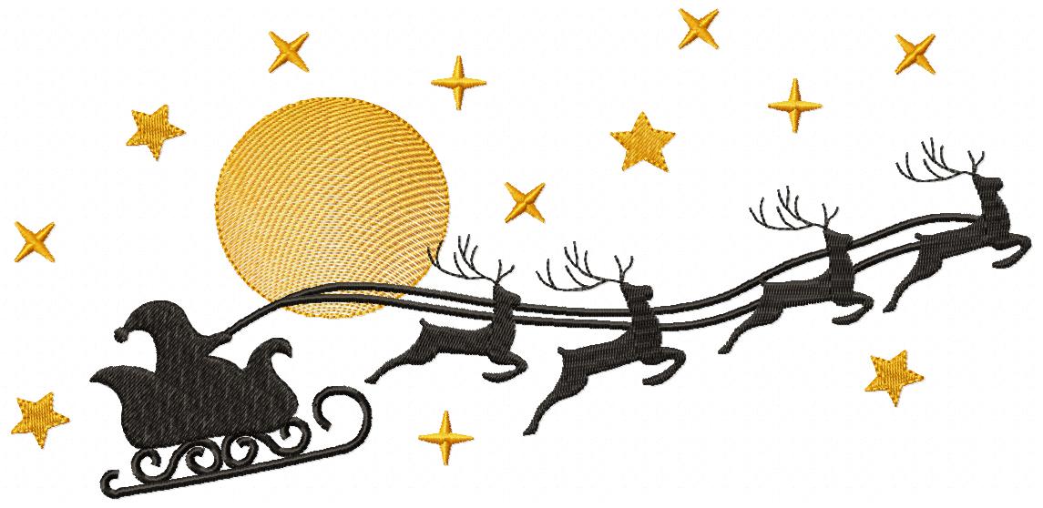 Santa Claus, Reindeers and Moon - Fill Stitch - Machine Embroidery Design