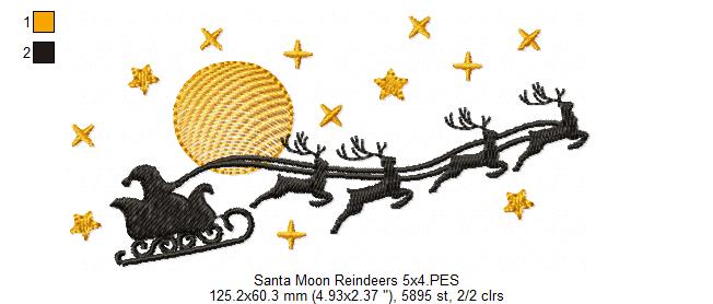 Santa Claus, Reindeers and Moon - Fill Stitch