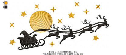 Santa Claus, Reindeers and Moon - Fill Stitch - Machine Embroidery Design