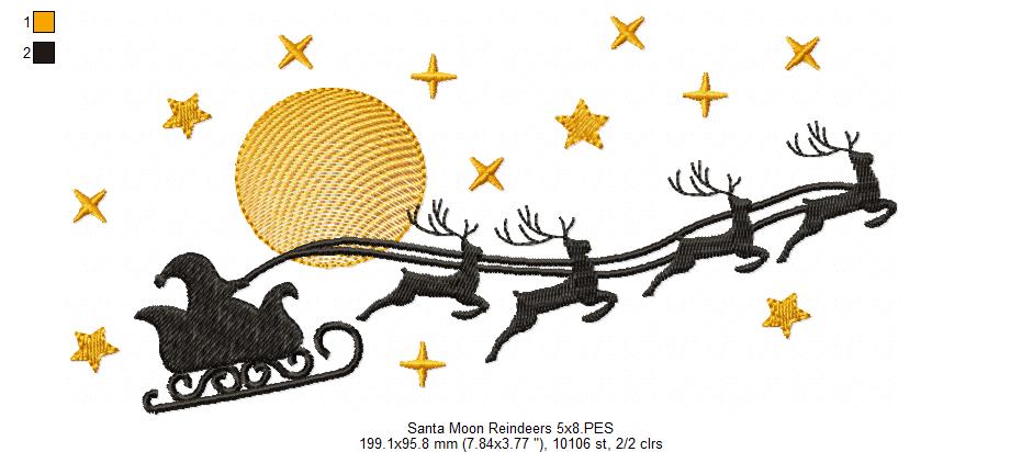 Santa Claus, Reindeers and Moon - Fill Stitch - Machine Embroidery Design