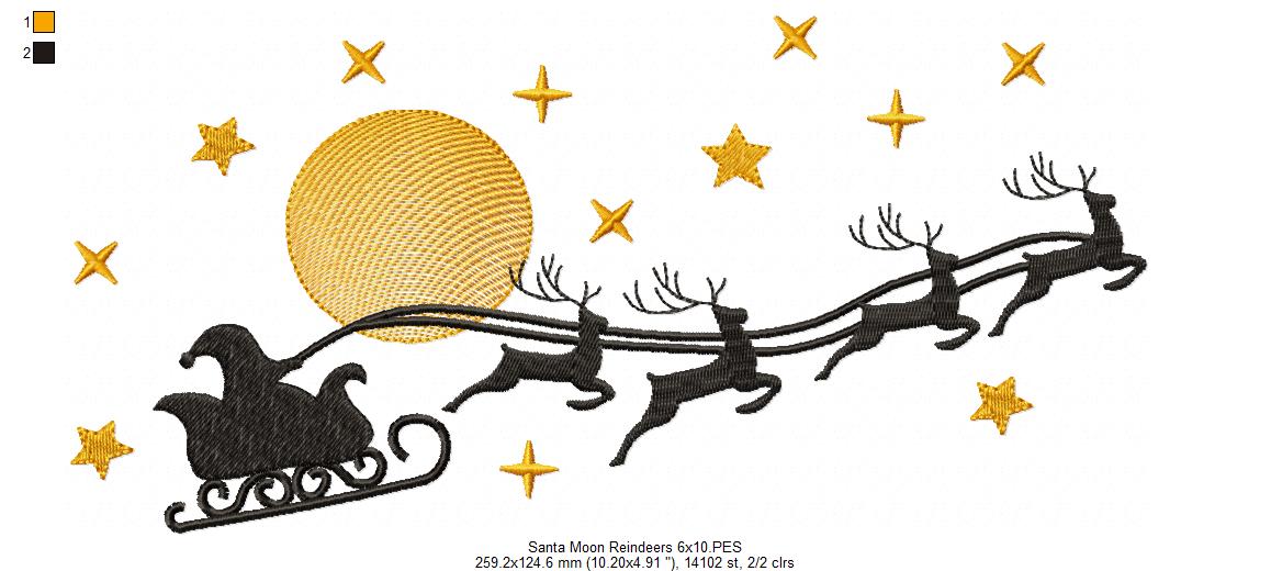 Santa Claus, Reindeers and Moon - Fill Stitch - Machine Embroidery Design