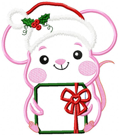 Santa Mouse Holding a Gift - Applique - Machine Embroidery Design