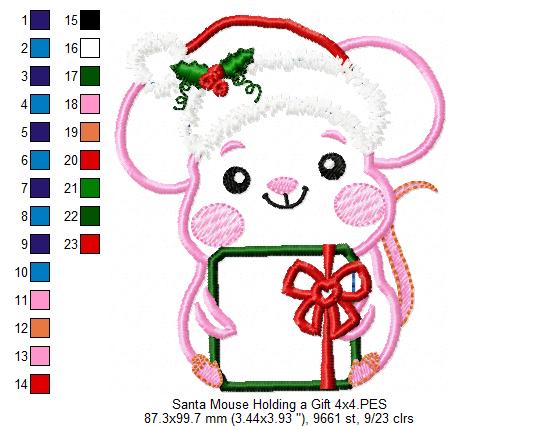 Santa Mouse Holding a Gift - Applique - Machine Embroidery Design
