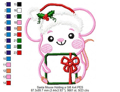 Santa Mouse Holding a Gift - Applique - Machine Embroidery Design