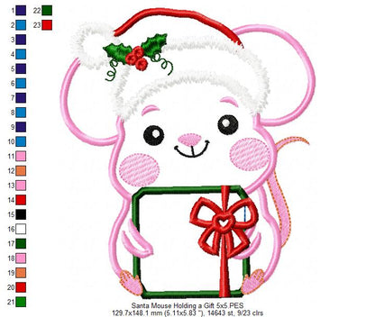 Santa Mouse Holding a Gift - Applique - Machine Embroidery Design