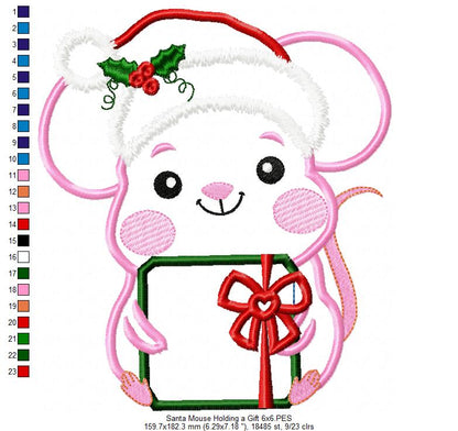 Santa Mouse Holding a Gift - Applique - Machine Embroidery Design