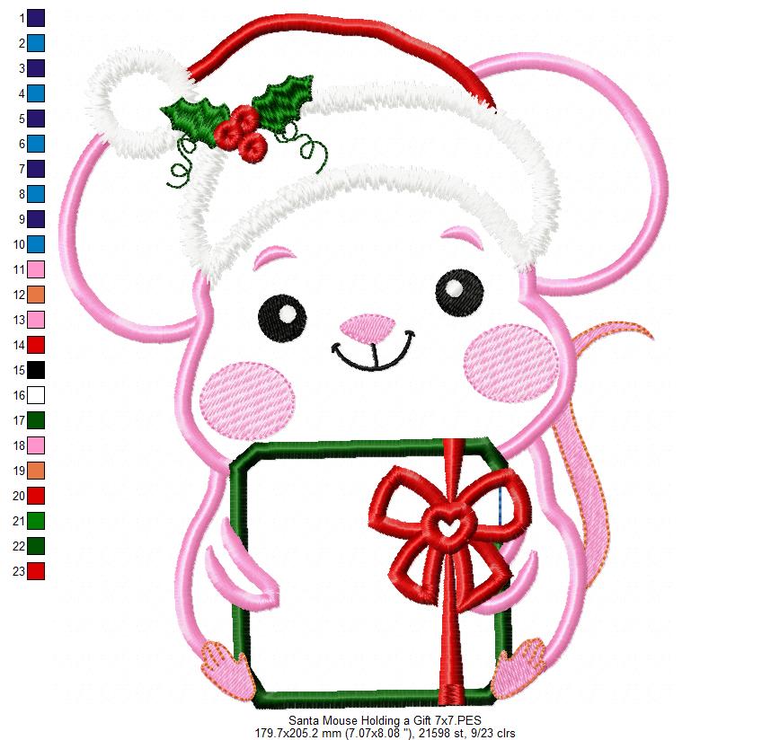 Santa Mouse Holding a Gift - Applique - Machine Embroidery Design